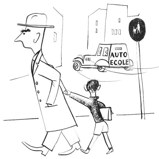 croquis humoristique de Roger Excoffon - l'auto-école